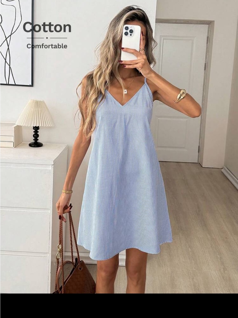Light Blue Striped Cotton V-Neck Slip Dress